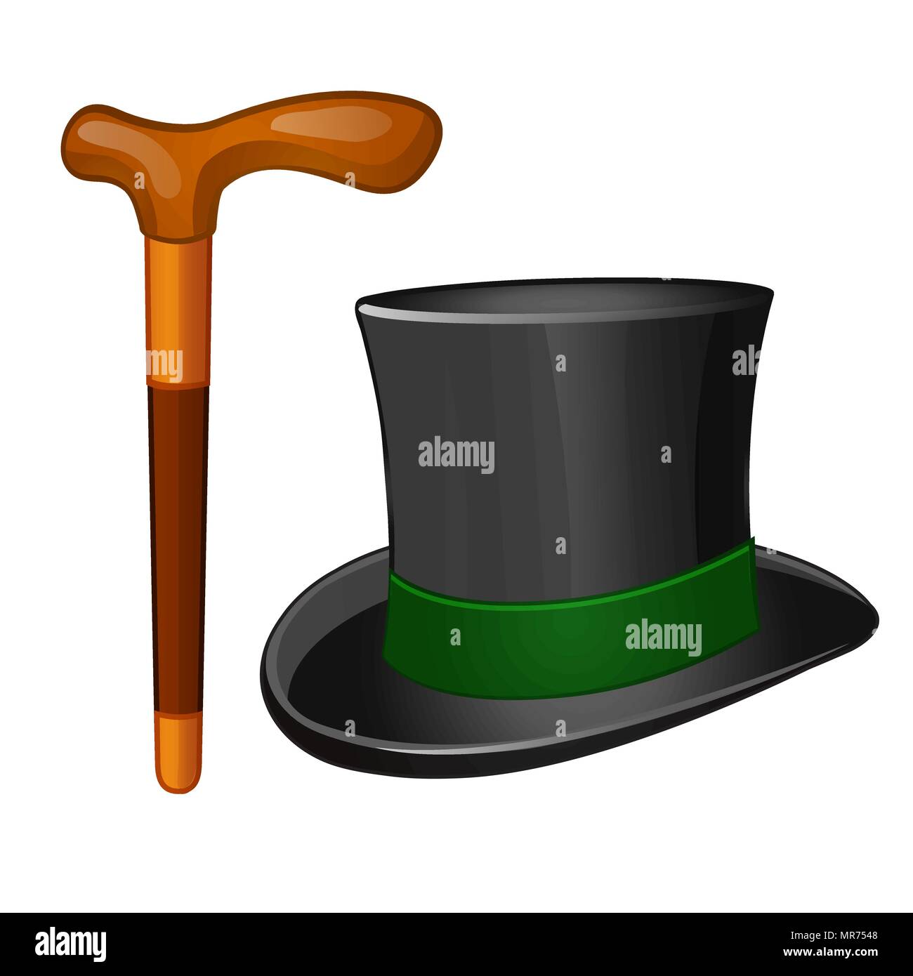 Classic accessories gentleman. Cylinder hat and walking stick isolated on white background. Vector illustration. Stock Vector