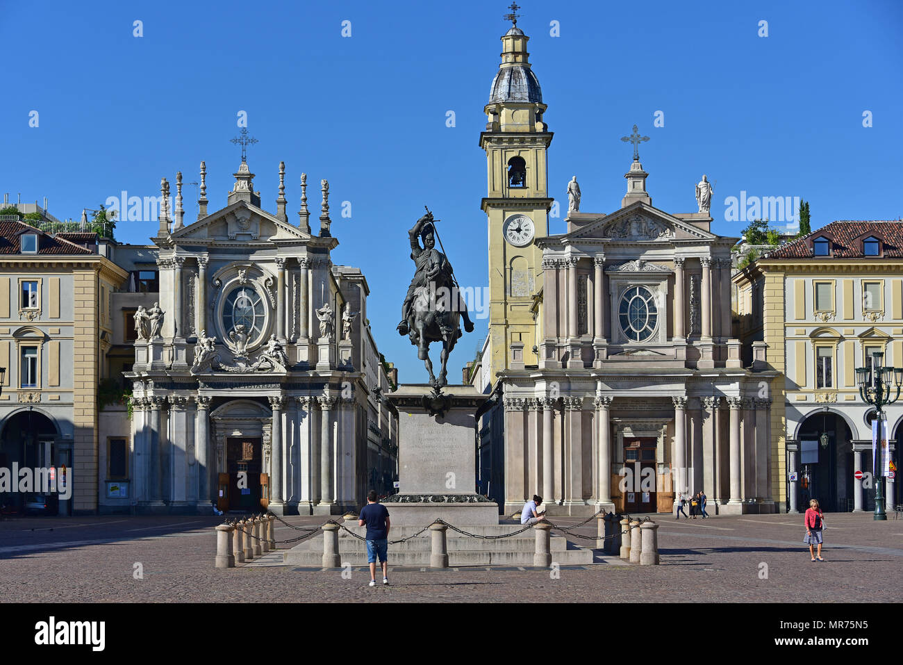 Piazza San Carlo, view on axis with Monument of E. Filberto, flanked by S. Cristina left and San C. Borromeo right, Turin, Italy Stock Photo