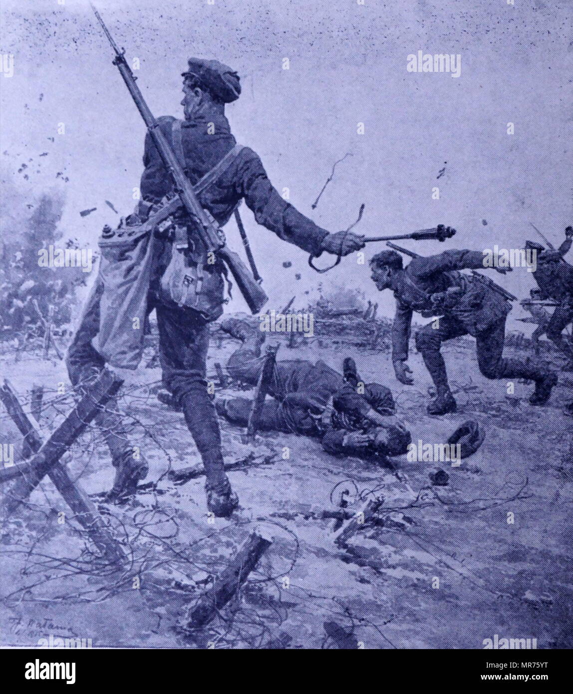 Illustration (by F Matania), showing British soldiers attacking a German Trench on the Western Front, in World War One. 1915 Stock Photo