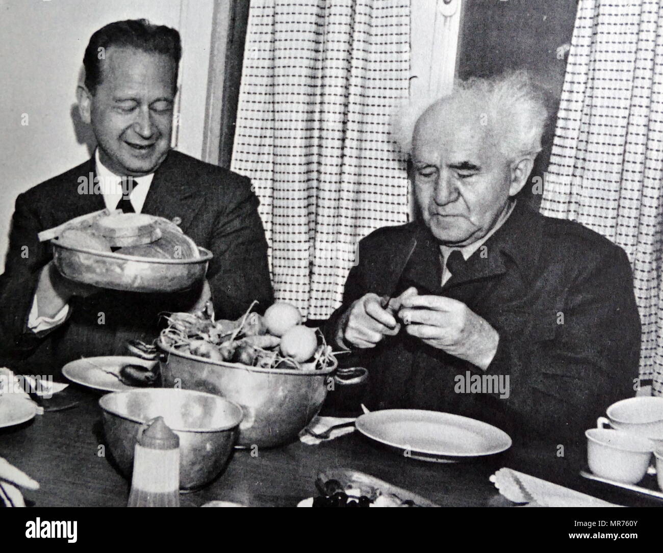 Israeli Prime Minister David Ben Gurion  (1886-1973 with Dag Hammarskjöld (1905 – 1961), Swedish Secretary-General of the United Nations, from April 1953 until his death in a plane crash in September 1961. Stock Photo