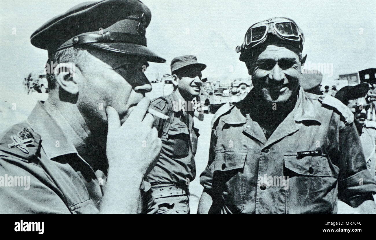 Israeli Generals meet in the Six Day War 1967.  Left: Chief of Staff Yitzhak Rabin and  Right, General Yeshayahu Gavish who from 1965-1969, was commander of the Southern Israeli command. During his tenure, he led the Israeli offensive on the Egyptian forces in Sinai during the Six Day War. Stock Photo