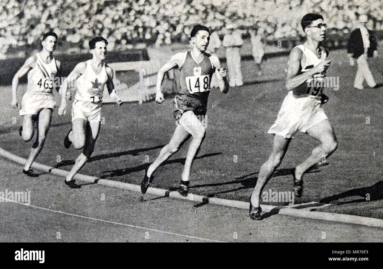 Photograph taken during the 800 meter final at the 1932 Olympics with Tommy Hampson leading. Runners: Hampson - England, Wilson - Canada, Edwards - Canada, Genung - USA, Turner USA, Hornbostel - USA, Powell - England, Martin - France. Stock Photo
