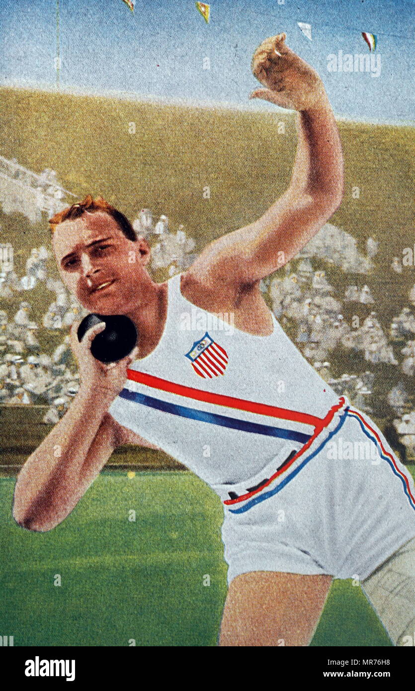 Photograph of Leo Sexton throwing a shot put at the 1932 Olympics. Leo