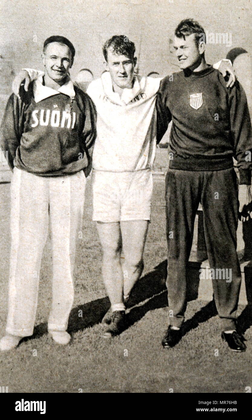 Photograph of the  top three winners in the hammer throw at the 1932 Olympic games. (Middle) Patrick O'Callaghan (1905 - 1991) Gold medallist. (Left) Ville Porhola (1897 - 1964) Silver medallist. (Right) Pete Zaremba (1908 - 1994). Stock Photo