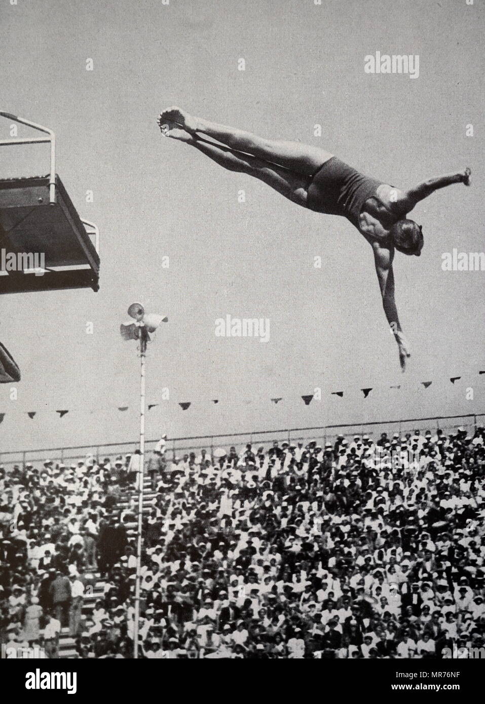 Photograph of Katherine Louise Rawls (1917 - 1982) in the springboard diving event at the 1932 Olympic games. Stock Photo