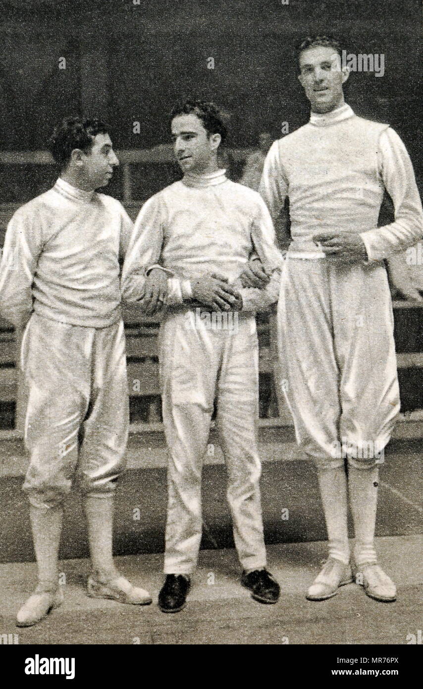 Photograph of the podium for the  foil Individual (fencing) at the 1932 Olympic games. Gustavo Marzi (1908 - 1966) took gold, Joseph Levis (1905 - 2005) silver and bronze Giulio Gaudini (1904 - 1948). Stock Photo