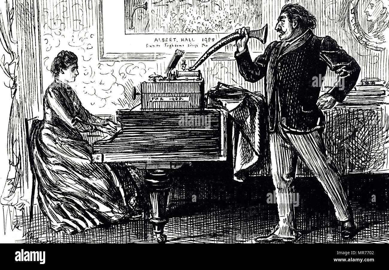 Cartoon depicting Edison's phonograph. The phonograph was invented in 1877, for the mechanical recording and reproduction of sound by Thomas Edison. Thomas Edison (1847-1931) an American inventor and businessman. Illustrated by George du Maurier (1834-1896) a Franco-British cartoonist and author. Dated 19th century Stock Photo