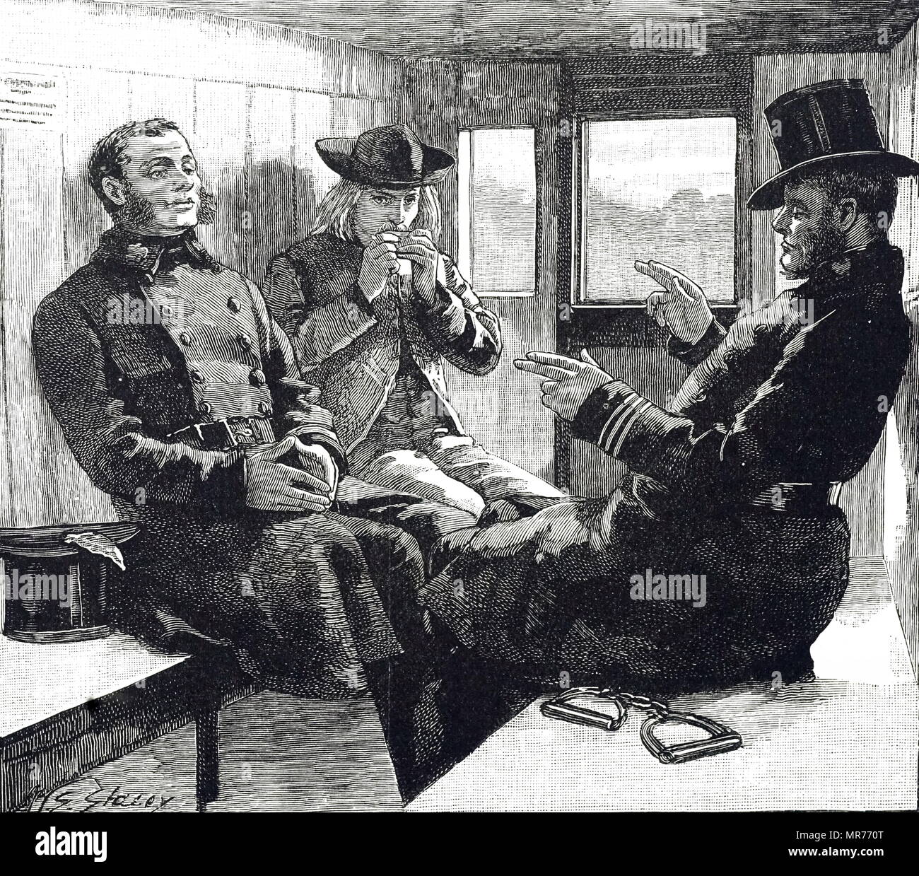 Engraving depicting two constables escorting a prisoner on a train ...