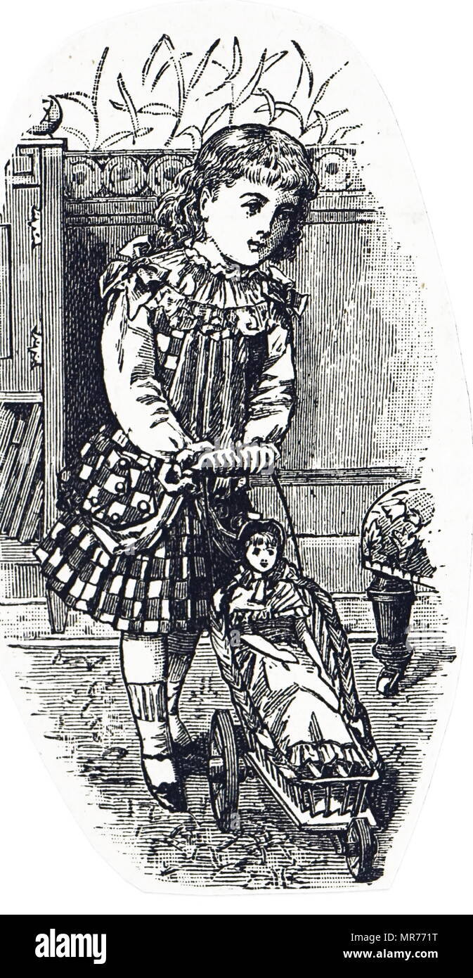 Engraving depicting a little girl playing with a doll and doll's pram. Dated 19th century Stock Photo