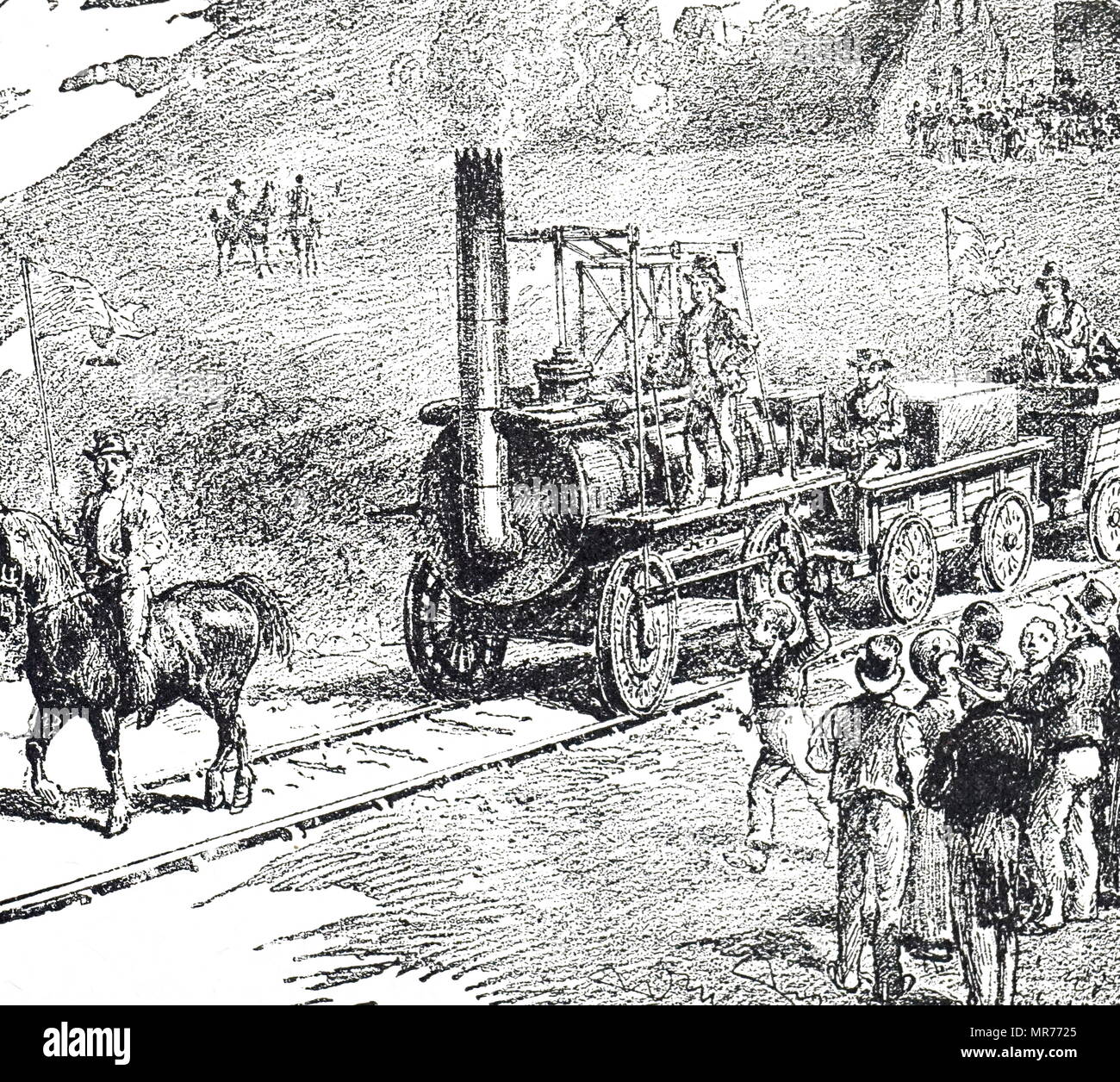 Engraving depicting the first train on the Stockton and Darlington
