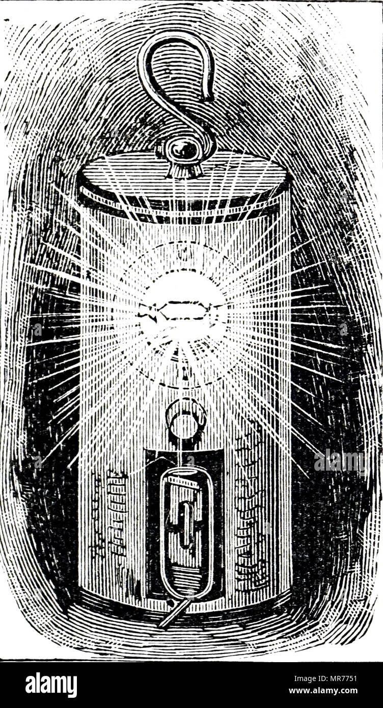Engraving depicting Joseph Swan's combined battery-powered safety lamp and fire-damp indicator which gave just over 1 candle power for 10 hours. The fire-damp indicator at the bottom was made of fine platinum wire and when fire-damp was present it glowed abnormally bright. Sir Joseph Wilson Swan (1828-1914) an English physicist, chemist and inventor. Dated 19th century Stock Photo