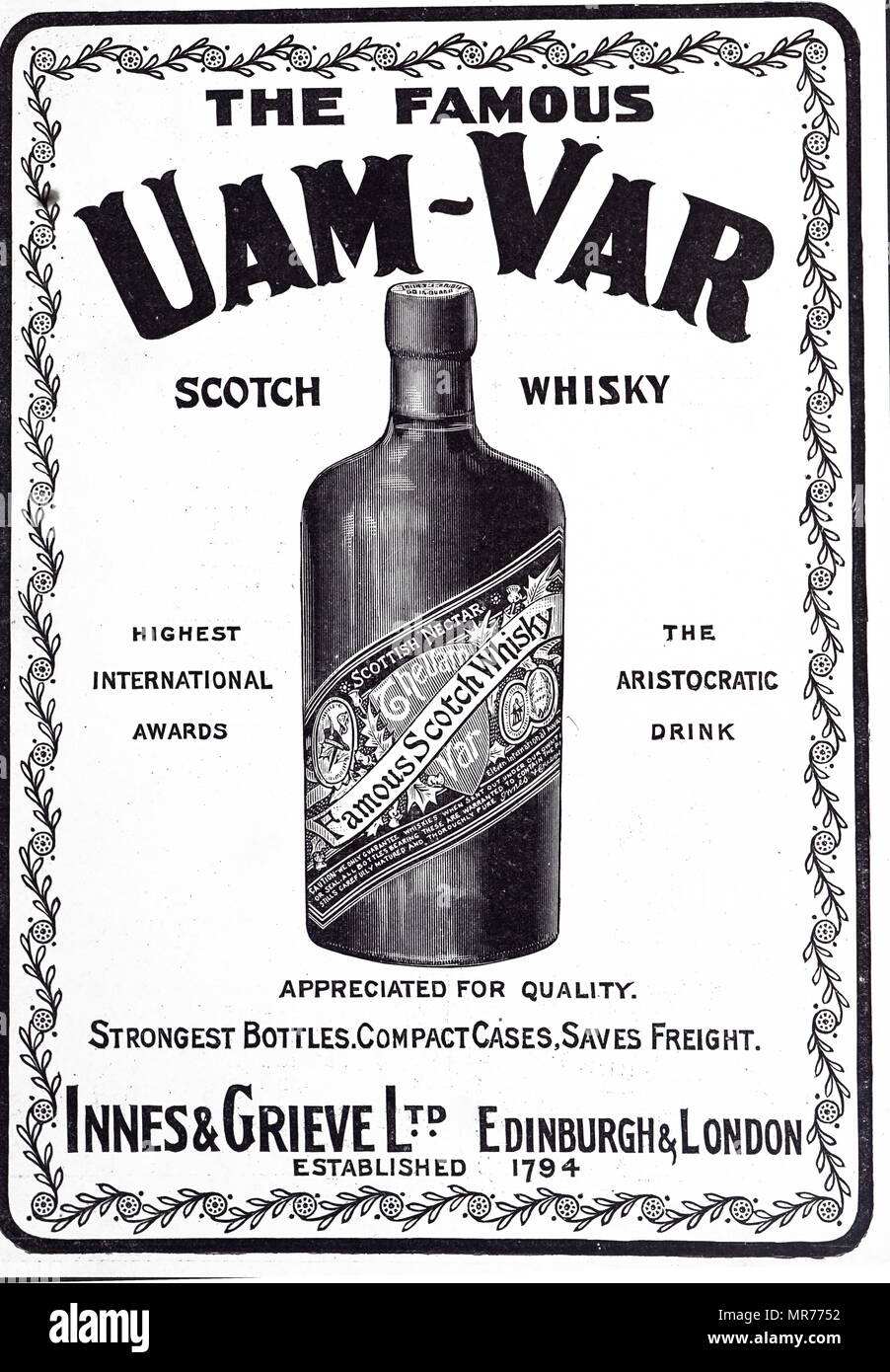 Advertisement for the famous Uam-Var Scotch Whisky. Dated 20th century Stock Photo