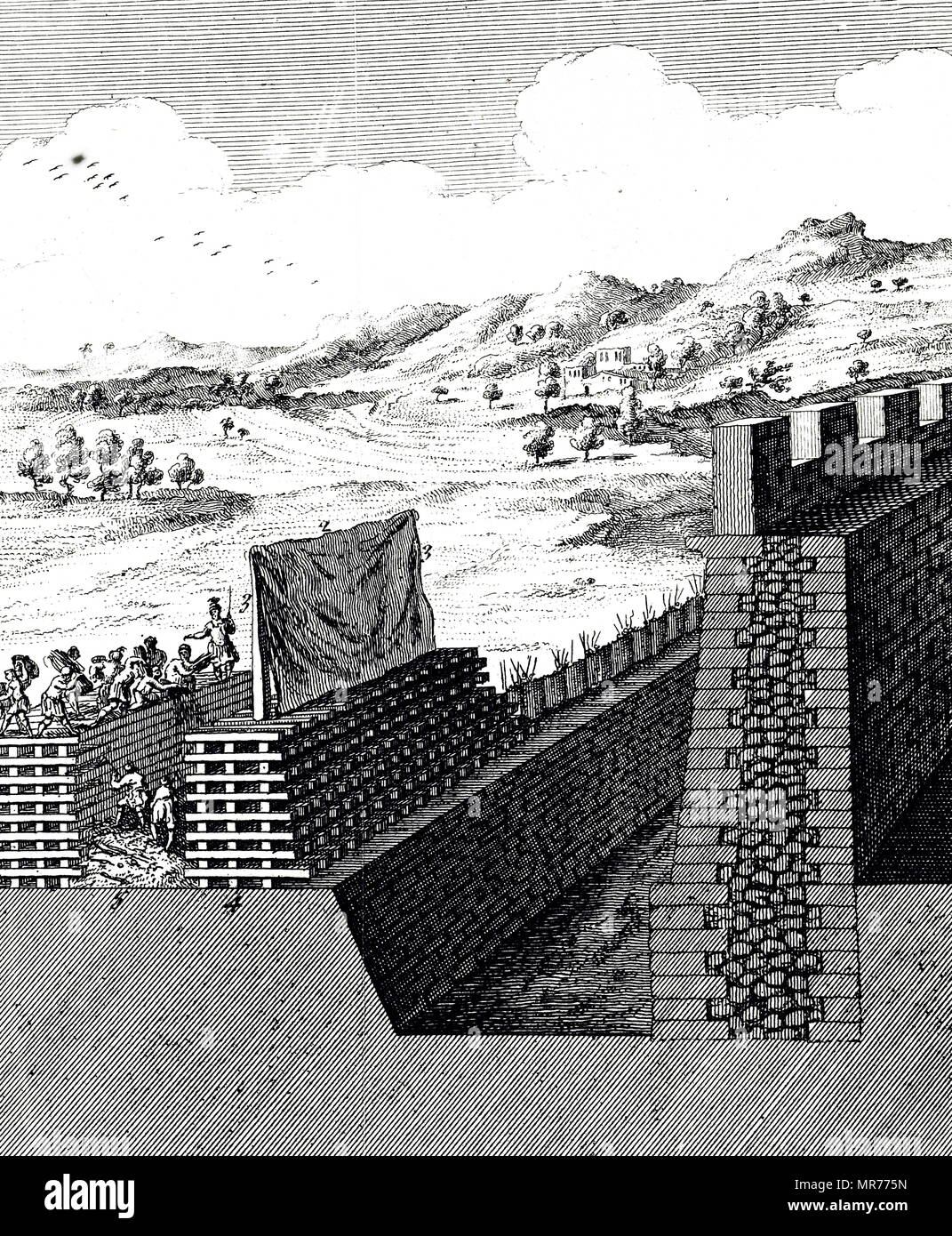 Engraving depicting the construction of an ancient Roman siege platform. Engraved by William Henry Toms (1700-1765) an English engraver. Dated 18th century Stock Photo