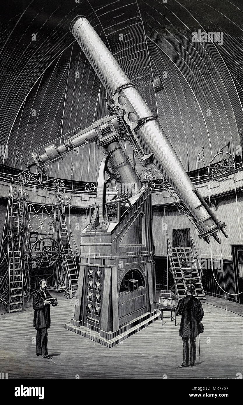 Engraving depicting the equatorially mounted refracting telescope at the Vienna Observatory. Dated 19th century Stock Photo