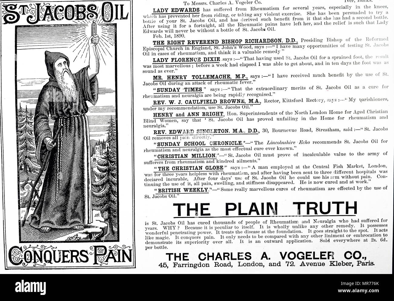 Advertisement for St Jacobs Oil used to conquer pain. Dated 19th ...