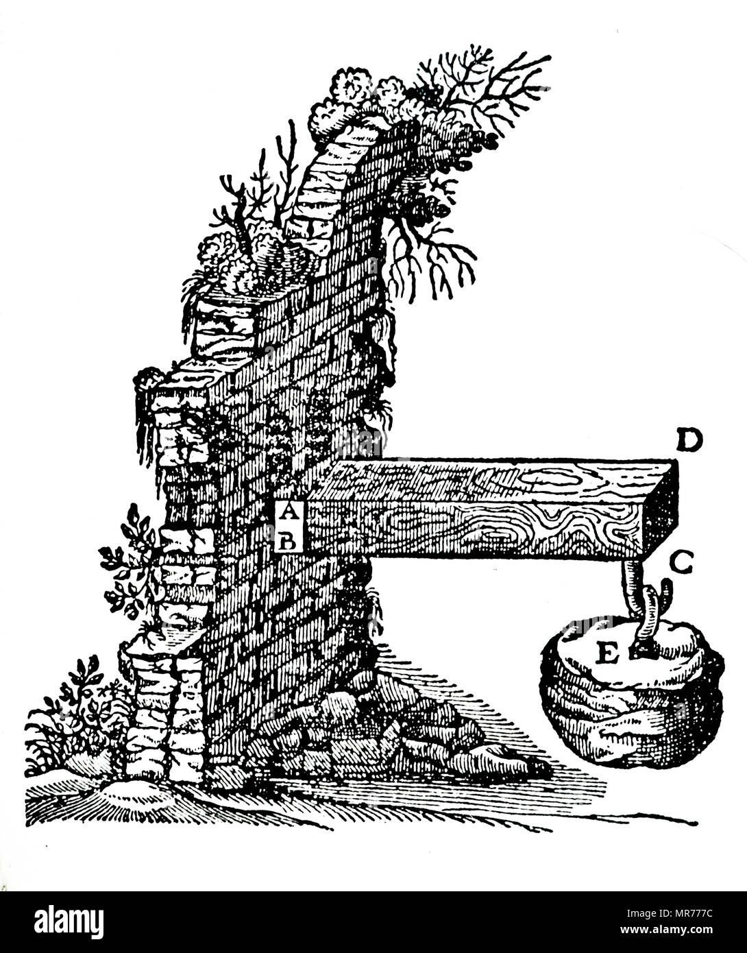 Diagram illustrating how the breaking point of a beam depends upon the material, thickness (A,B), and the leverage exerted by the weight E, at varying distances (in this case at D,C), along the beam. Dated 17th century Stock Photo