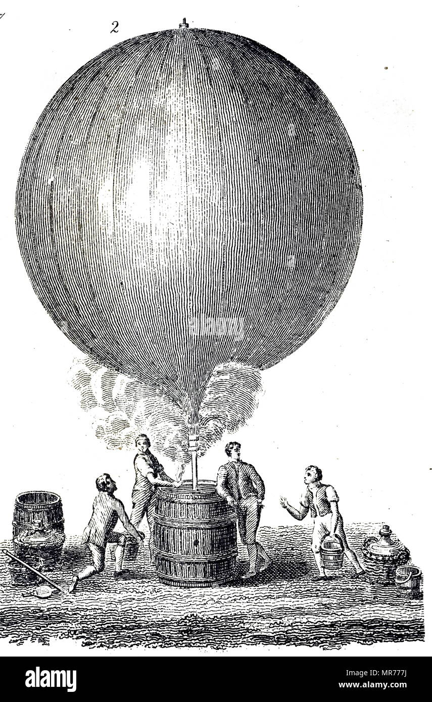 Engraving depicting the Robert brothers helping Professor Jacques Charles fill his balloon with hydrogen. Les Frères Robert were two French brothers. Anne-Jean Robert (1758–1820) and Nicolas-Louis Robert (1760–1820) were the engineers who built the world's first hydrogen balloon for professor Jacques Charles. Jacques Alexandre César Charles (1746-1823) a French inventor, scientist, mathematician, and balloonist. Dated 19th century Stock Photo