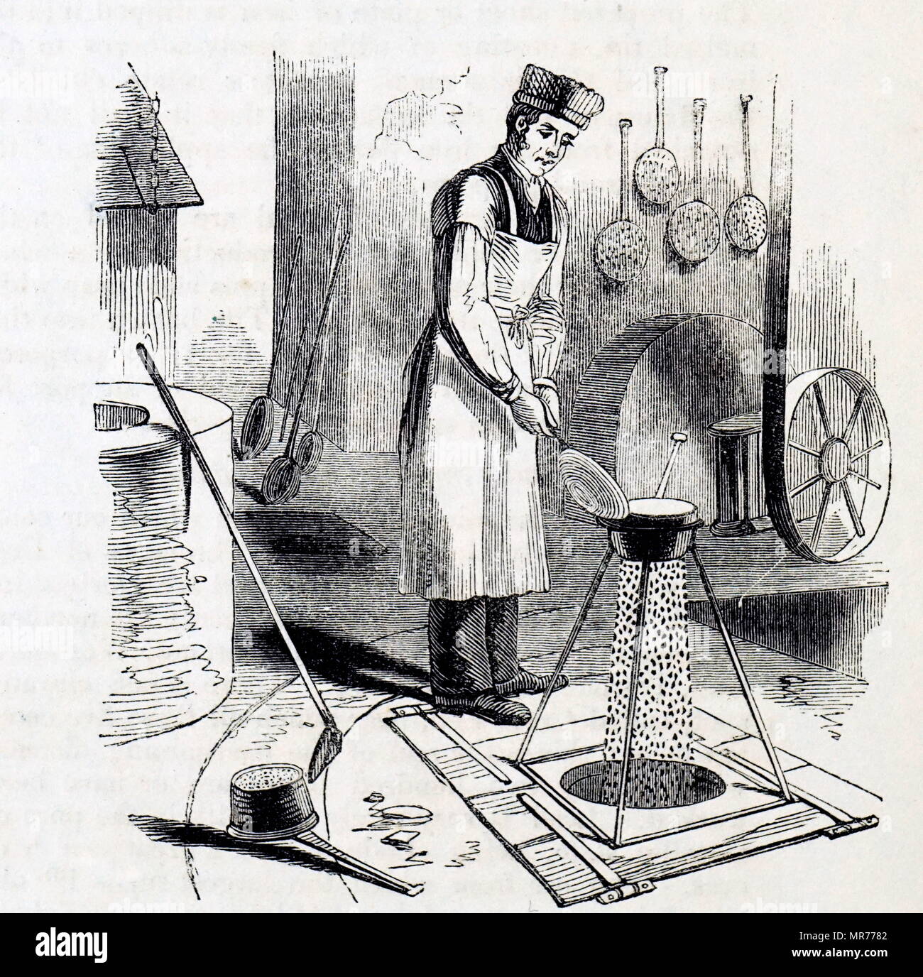 Engraving depicting the casting of lead shots: this picture shows the inside of the top of the shot tower near Waterloo Bridge, London. Over a circular hole cut in a trap door a stand is placed containing an iron pan pierced with holes, the size depending on the shot to be made. Molten lead is poured through and the drops fall into water some 200 feet below. Arsenic was added to the lead to make the shot perfectly spherical, and to make it harder than if lead alone was used. Dated 19th century Stock Photo