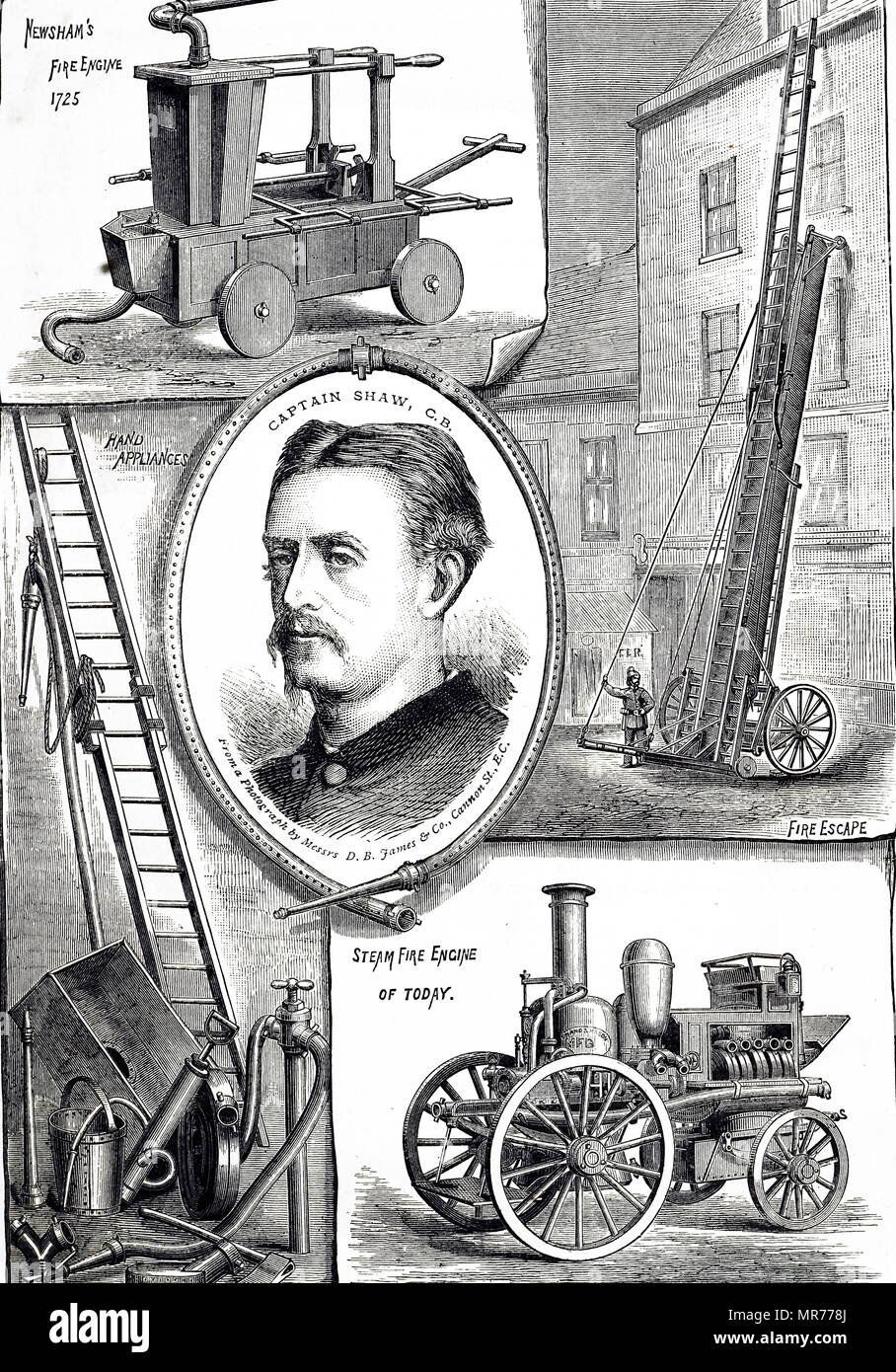 Engraving depicting Captain Eyre Massey Shaw (1830-1908) head of the London Metropolitan Fire Brigade, with fire apparatus. Dated 19th century Stock Photo
