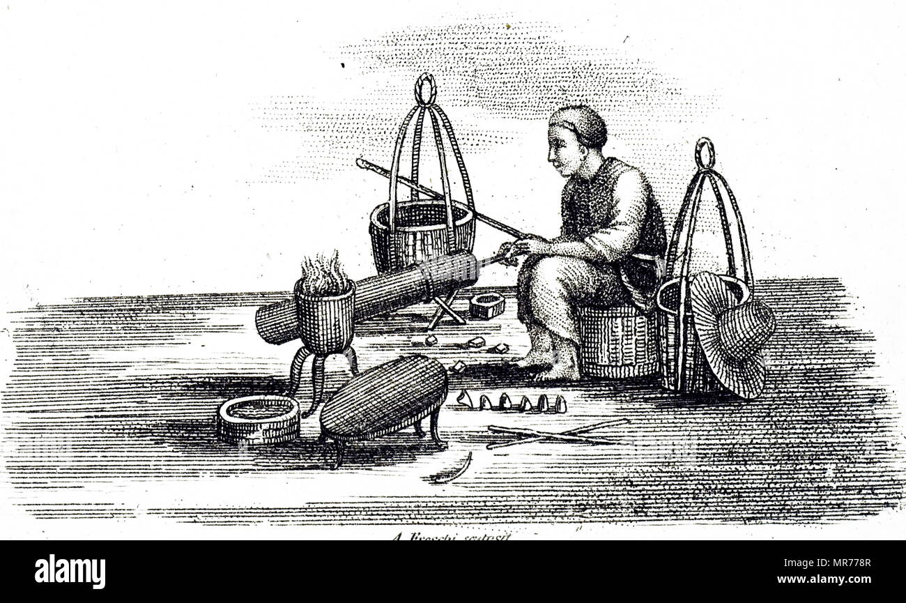 Engraving depicting a Chinese tinker creating a draught for his portable forge by means of a cylindrical piston type of bellows. Dated 19th century Stock Photo