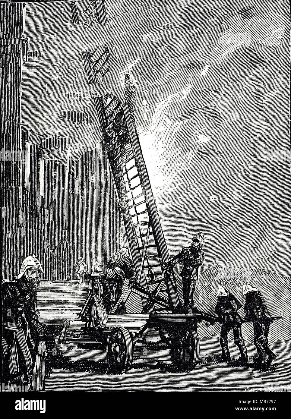Engraving depicting members of the London Fire Brigade using the newly introduced fire-ladder truck. Dated 19th century Stock Photo