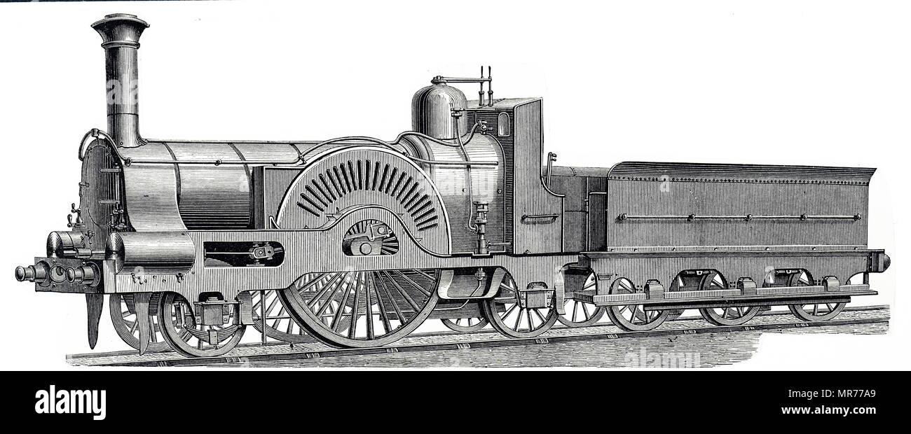 Engraving depicting an express locomotive used on the Caledonian Railway line. Dated 19th century Stock Photo
