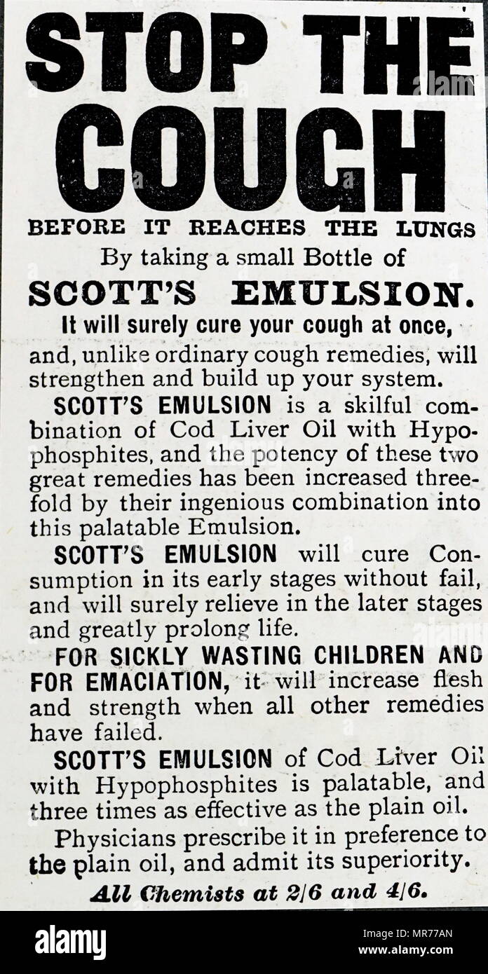 Advertisement for Scott's Emulsion cough medicine. Dated 19th century Stock Photo