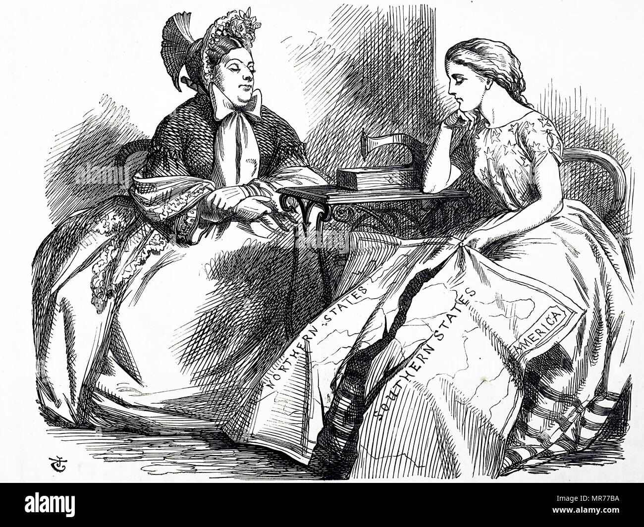 Cartoon commenting on the American Civil War. A young woman holds a map of a divided United States. On the table next to her is an early sewing machine. Dated 19th century Stock Photo