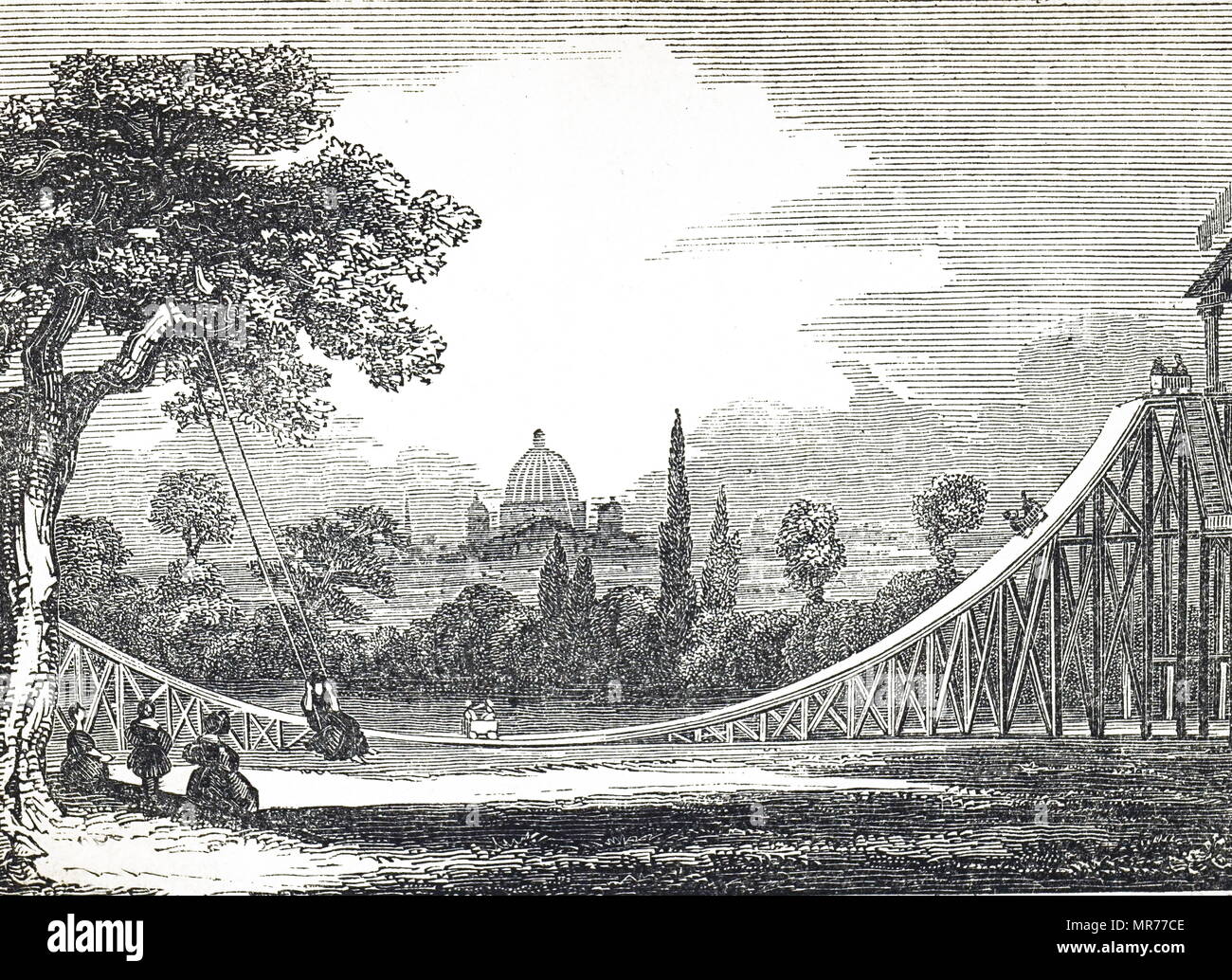 Engraving depicting a recreation ground with a slide in a London setting, as a group of young girls play on a swing. Dated 19th century Stock Photo