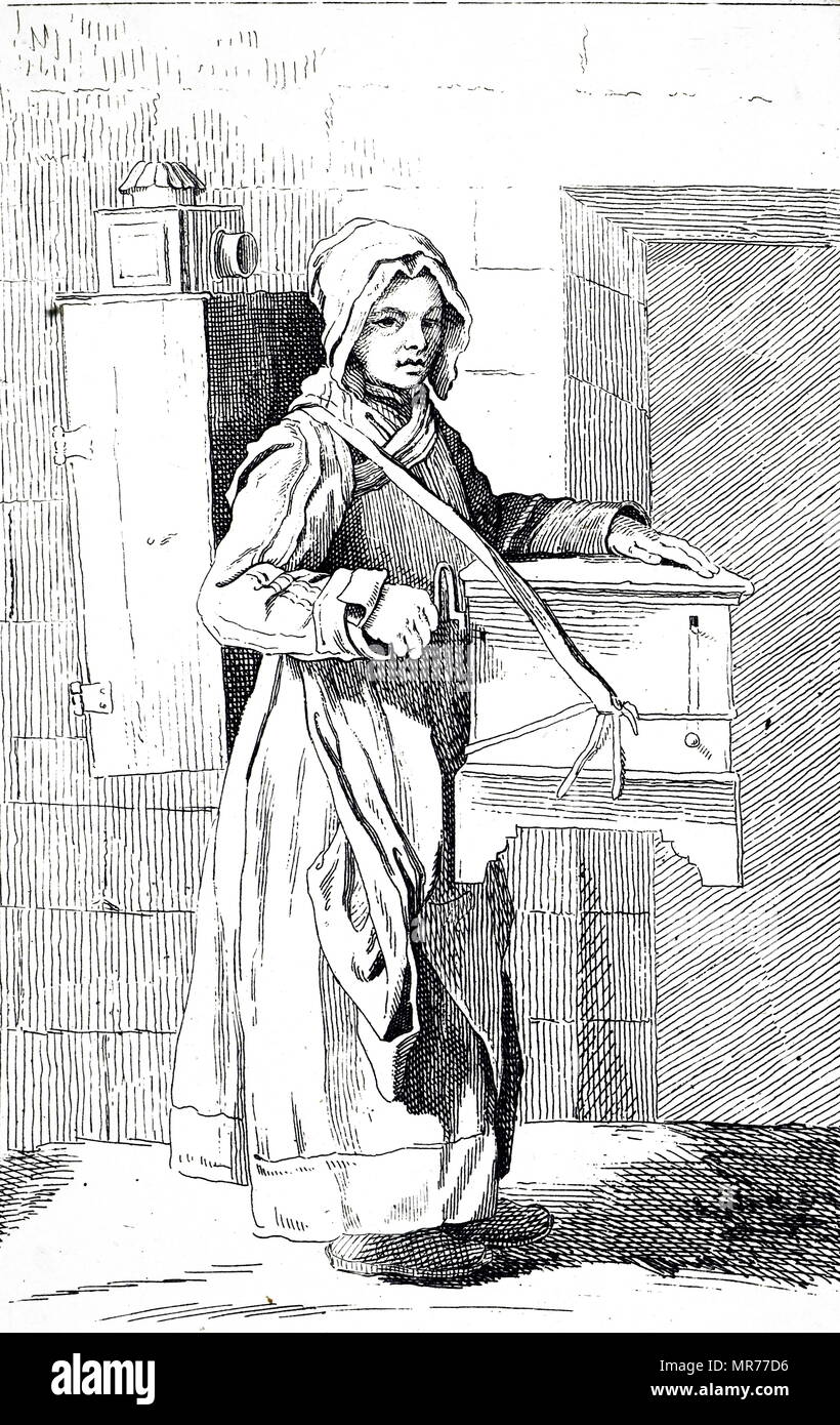 Engraving depicting an itinerant organ grinder and magic lantern girl. Dated 18th century Stock Photo
