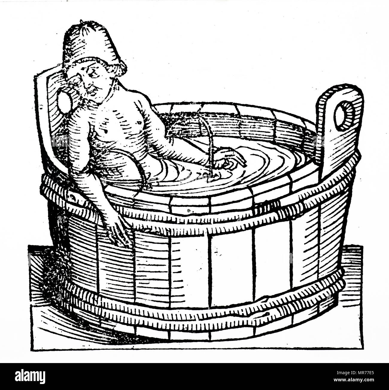 Woodblock engraving depicting Seneca the Younger committing suicide in his bath. Seneca the Younger (4 BC - 65 AD) a Roman Stoic philosopher, statesman, dramatist, and—in one work—satirist of the Silver Age of Latin literature. Dated 15th century Stock Photo
