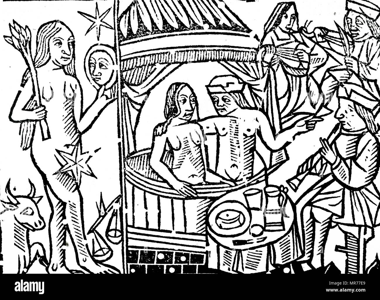 Woodblock engraving depicting Venus and the activities under its government. Venus was considered a female planet, cold and moist and temperate. Those born under Venus loved clothes and ornaments, were beautiful, vivacious and licentious, and perceptive of beauty of all kinds. The planet's metal was brass, its day Friday and its night Tuesday. It was hostile to and its night Tuesday. It was hostile to Mercury and compatible with Jupiter. It had two houses, Taurus by day and Libra at night. Dated 16th century Stock Photo