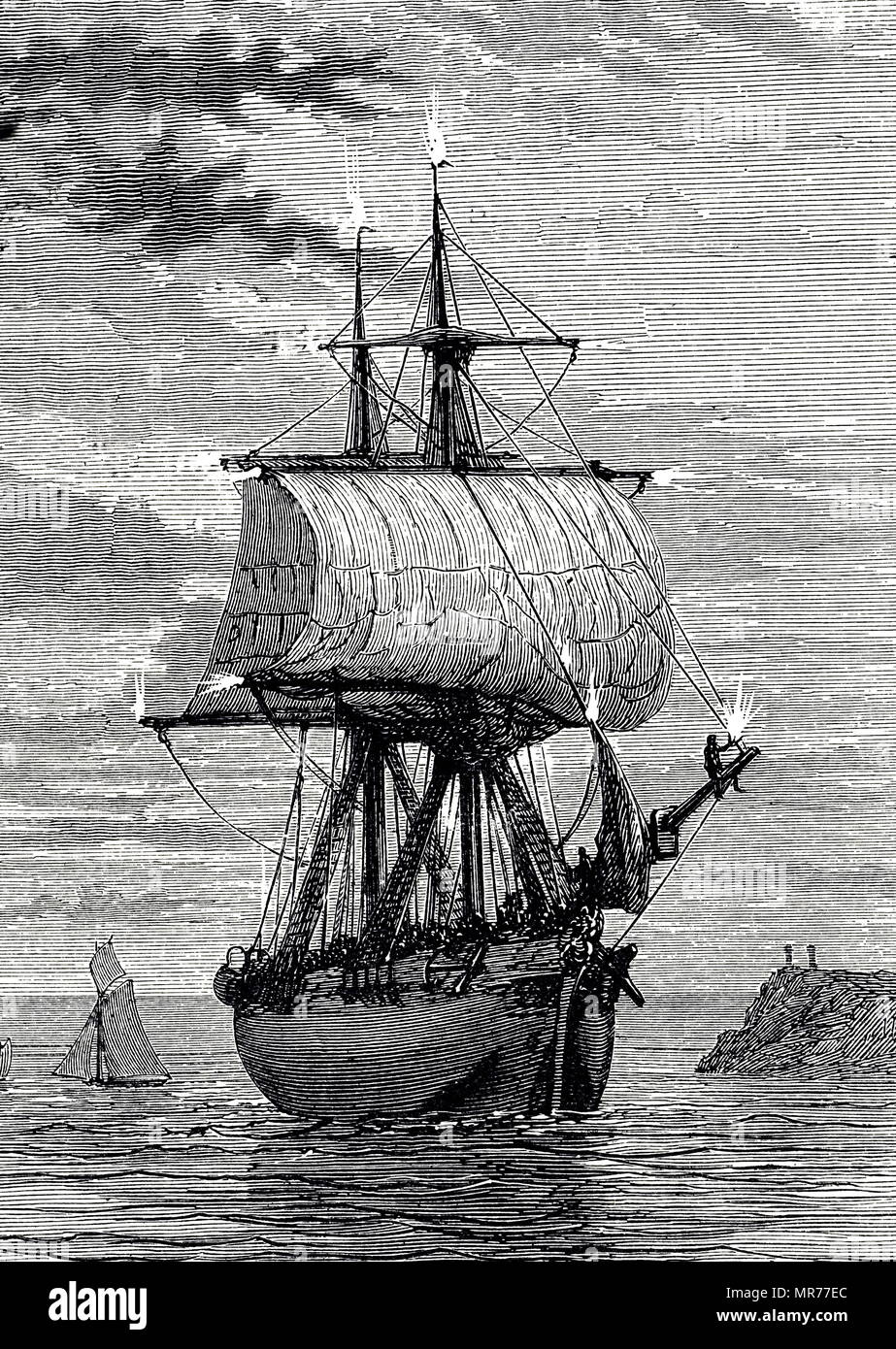 Engraving depicting St Elmo's fire appearing on the masts and spars of a sailing ship. Dated 19th century Stock Photo