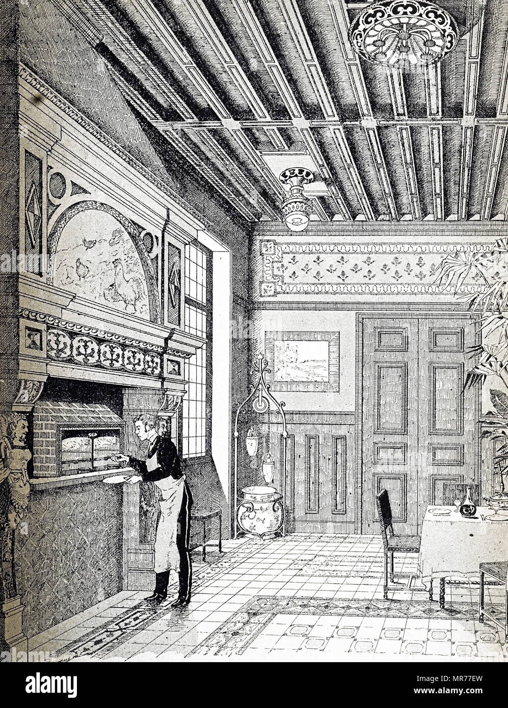 Engraving depicting the grill room in the Pavilion du Gaz at the Paris Exhibition of 1889. In the chimney is a grill by the Compagnie Parisienne which could grill 36 cutlets at a time. Dated 19th century Stock Photo