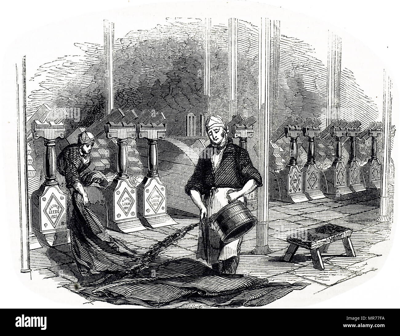 Engraving depicting fulling woollen cloth: the cloth was placed in troughs behind the stocks and pounded with square-ended oak mallets. The finest cloth could be subjected to this treatment for up to three days. Dated 19th century Stock Photo