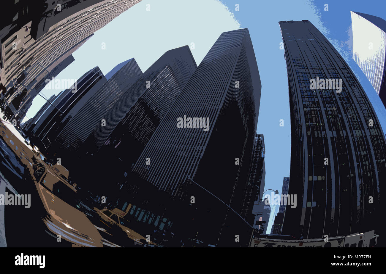 View looking up with wide angle lens on Ave. of the Americas, in midtown Manhattan, showing taxis and row of identical towers, New York, NY, USA Stock Photo