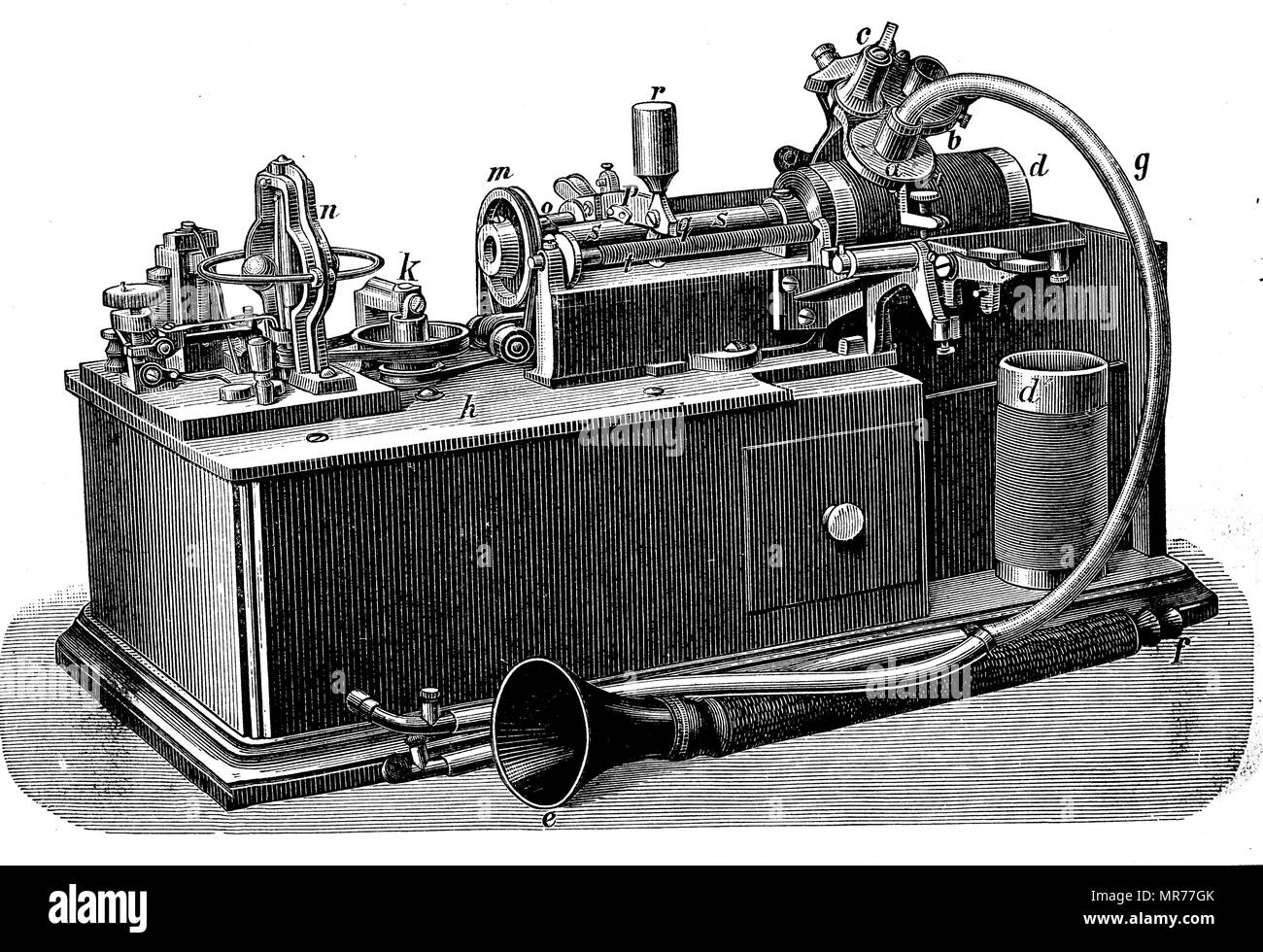 Engraving depicting the first Edison phonograph.. The phonograph was invented in 1877, for the mechanical recording and reproduction of sound by Thomas Edison. Thomas Edison (1847-1931) an American inventor and businessman. Dated 19th century Stock Photo