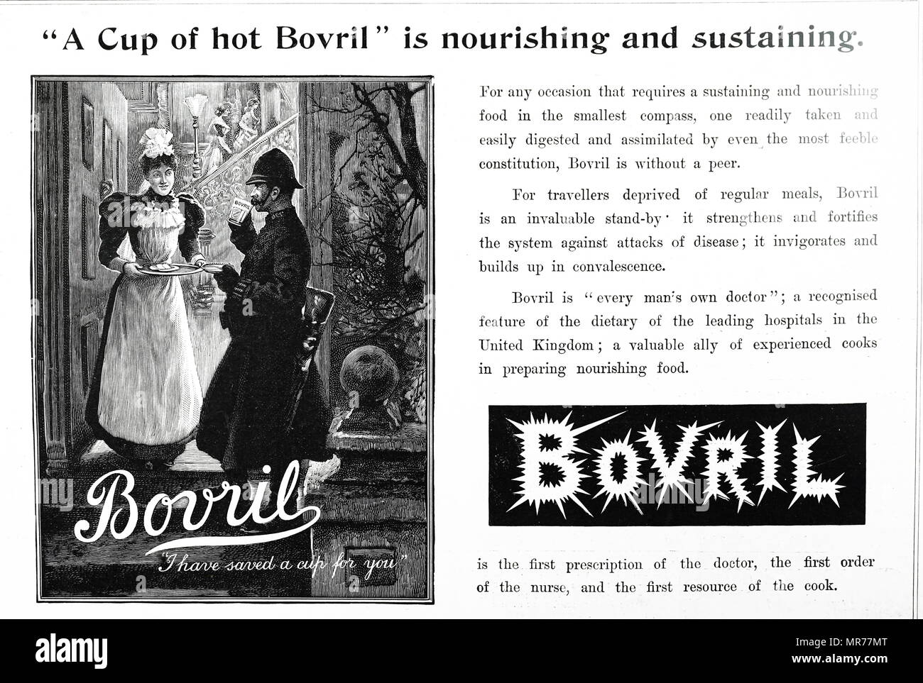 Advertisement for Bovril, a thick and salty meat extract paste. Dated 20th century Stock Photo