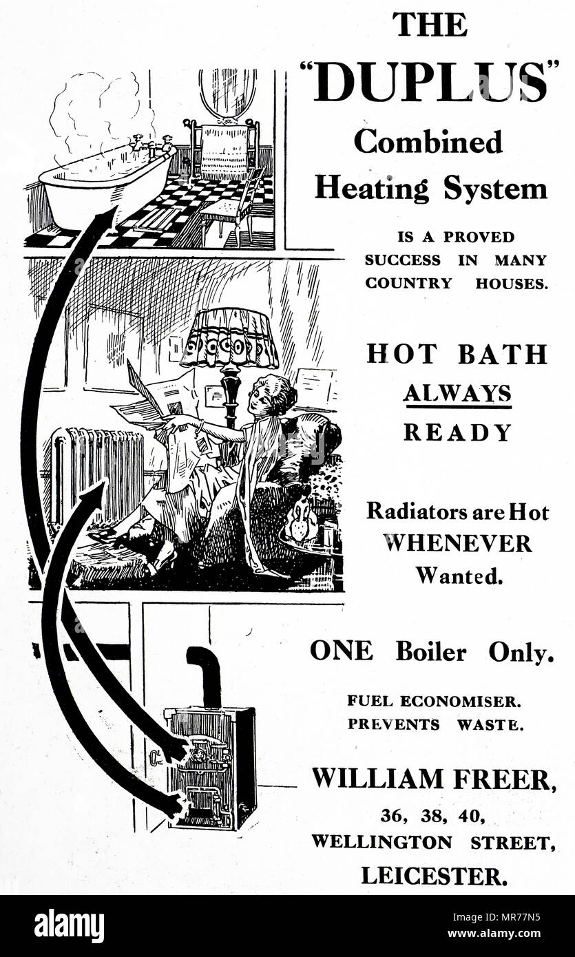 Advertisement for a domestic hot water and central heating system. Dated 20th century Stock Photo