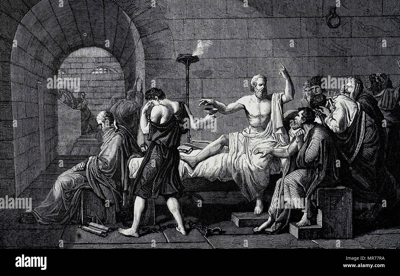 Engraving after the painting titled 'The Death of Socrates' by Jacques-Louis David (1748-1825) a French painter in the Neoclassical style. Dated 18th century Stock Photo