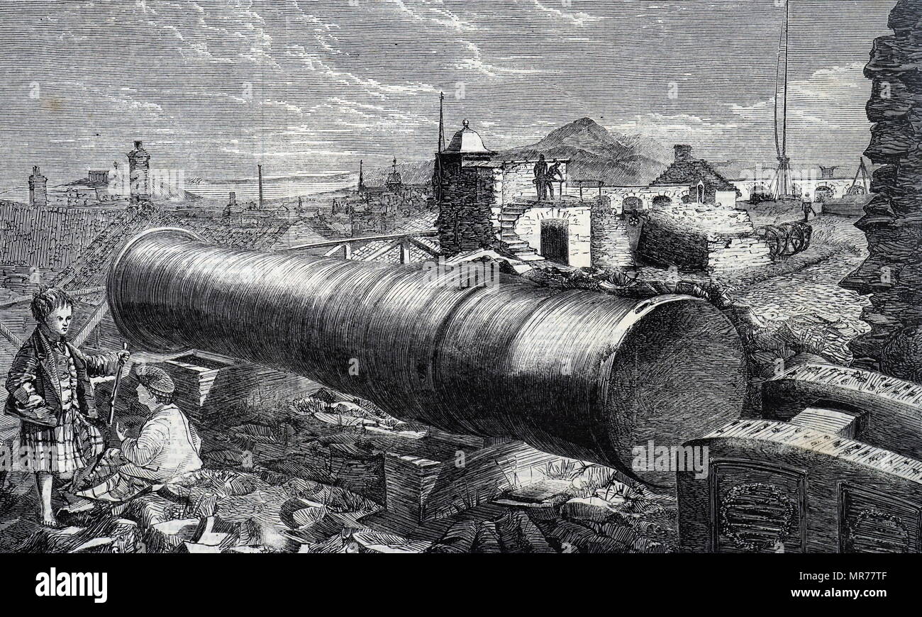 Engraving depicting a Mons Meg, a medieval bombard, at Edinburgh Castle