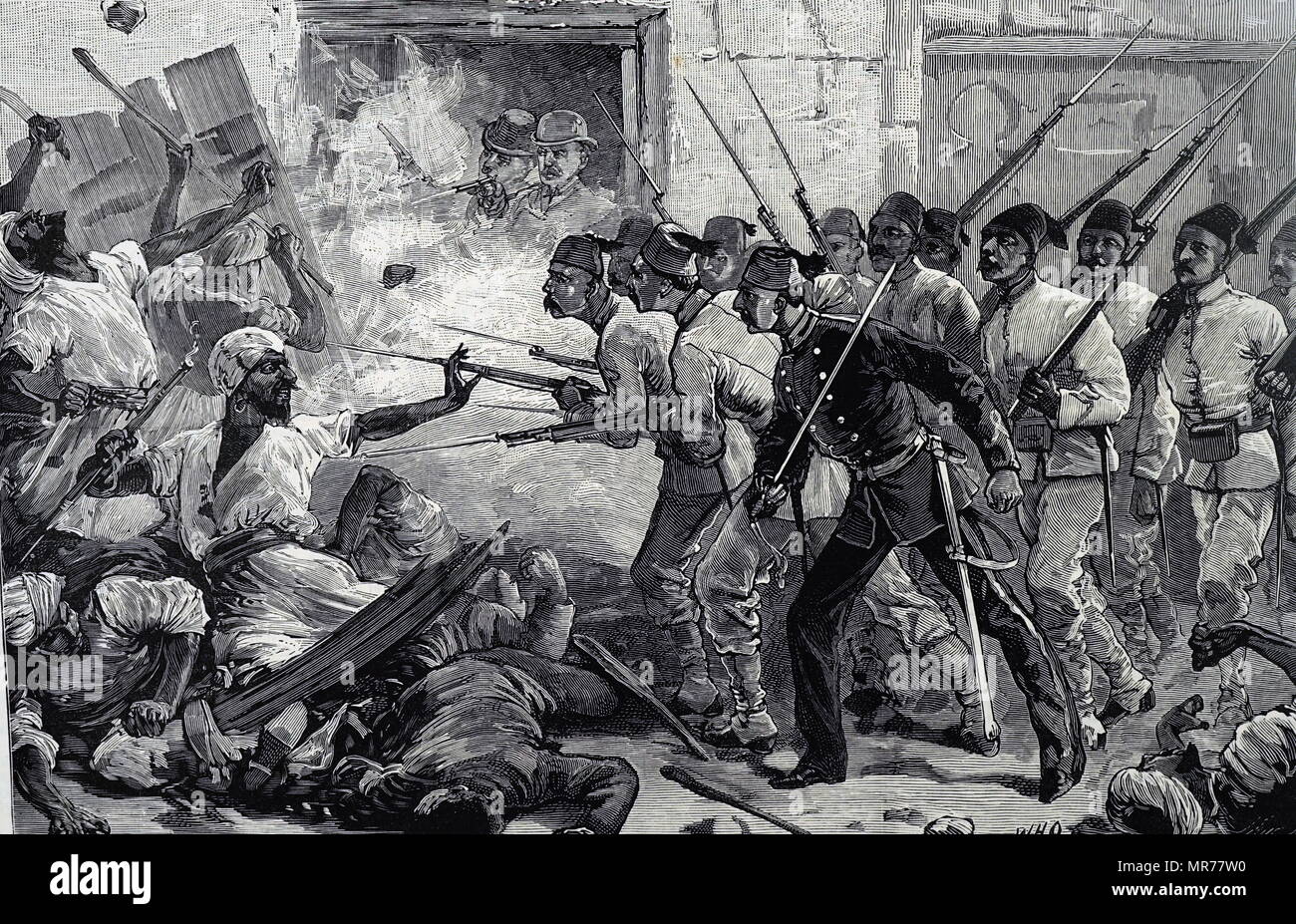 Engraving depicting fixed bayonets being used by troops against rioters in Alexandria. Dated 19th century Stock Photo