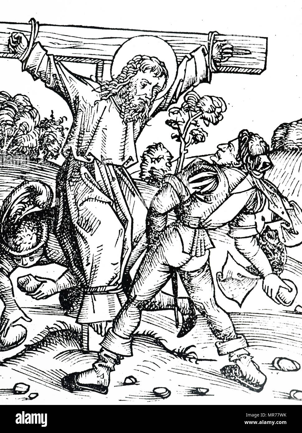 Woodcut engraving depicting the martyrdom of the Apostle Philip. Dated 15th century Stock Photo