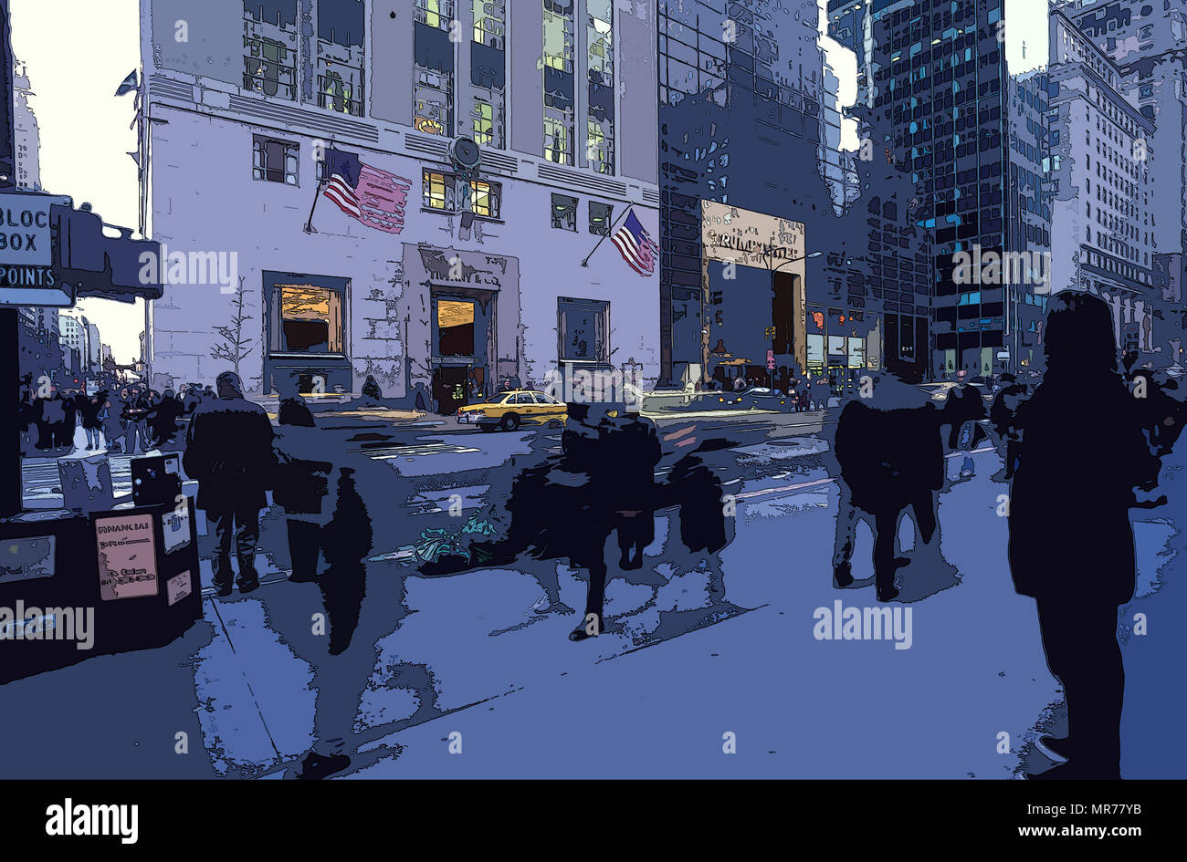 Fifth Avenue with busy pedestrians walking by, at E 57th Street with Trump Tower at right (rendered in PS, illustration), New York, NY, USA Stock Photo
