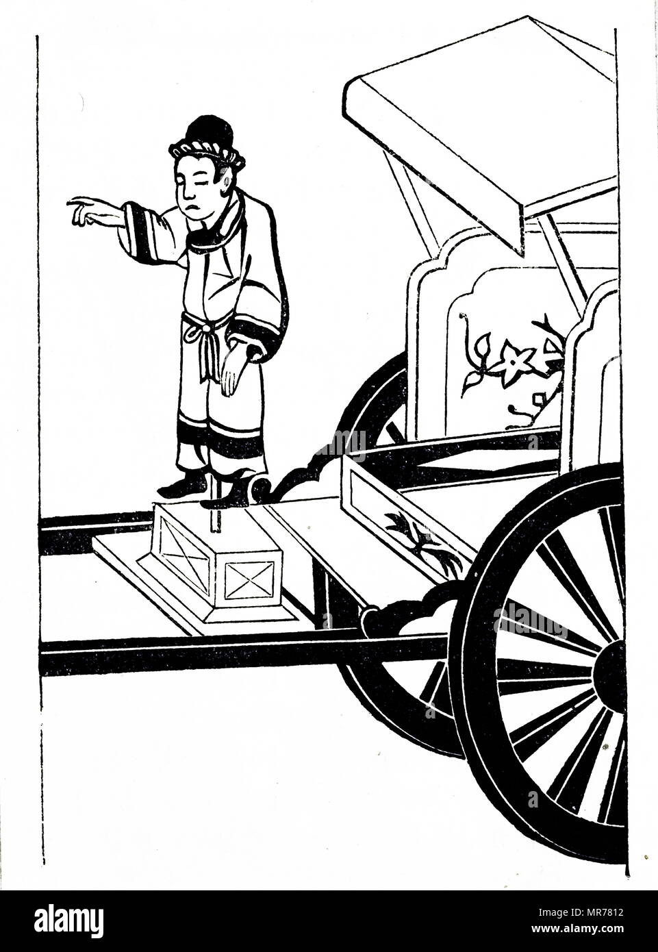 Chinese magnetic chariot. The arm of the figure always pointed south. 1870. The south-pointing chariot (or carriage) was an ancient Chinese, two-wheeled vehicle, that carried a movable pointer to indicate the south, no matter how the chariot turned. The chariot was supposedly used as a compass for navigation and may also have had other purposes. Stock Photo