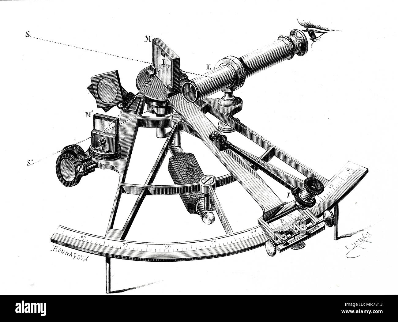 drawing of a standard 19th century french navigational sextant 1874 MR7813