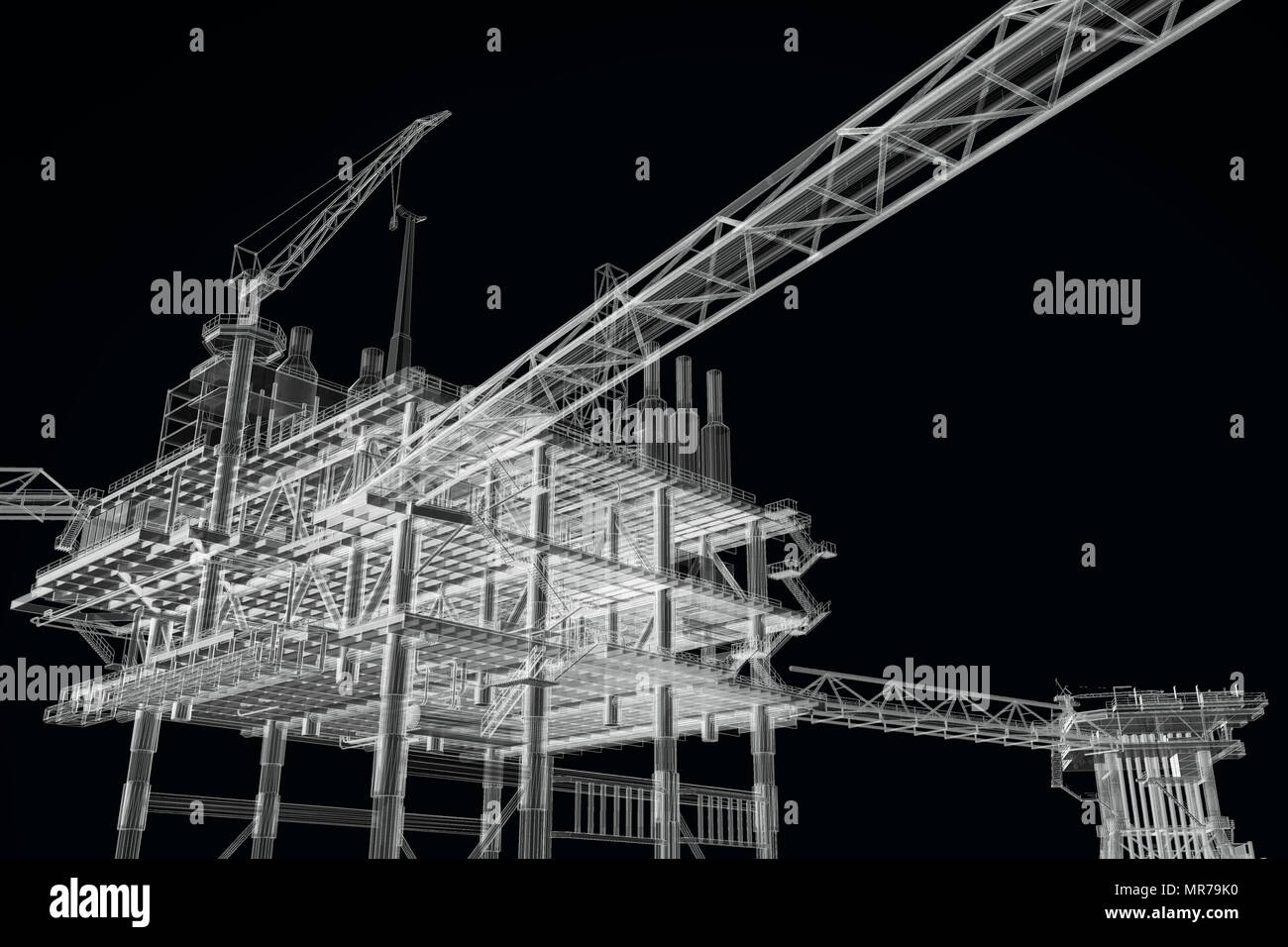 3D rendering , X- ray Oil rig constructtion plant,black and white color ...