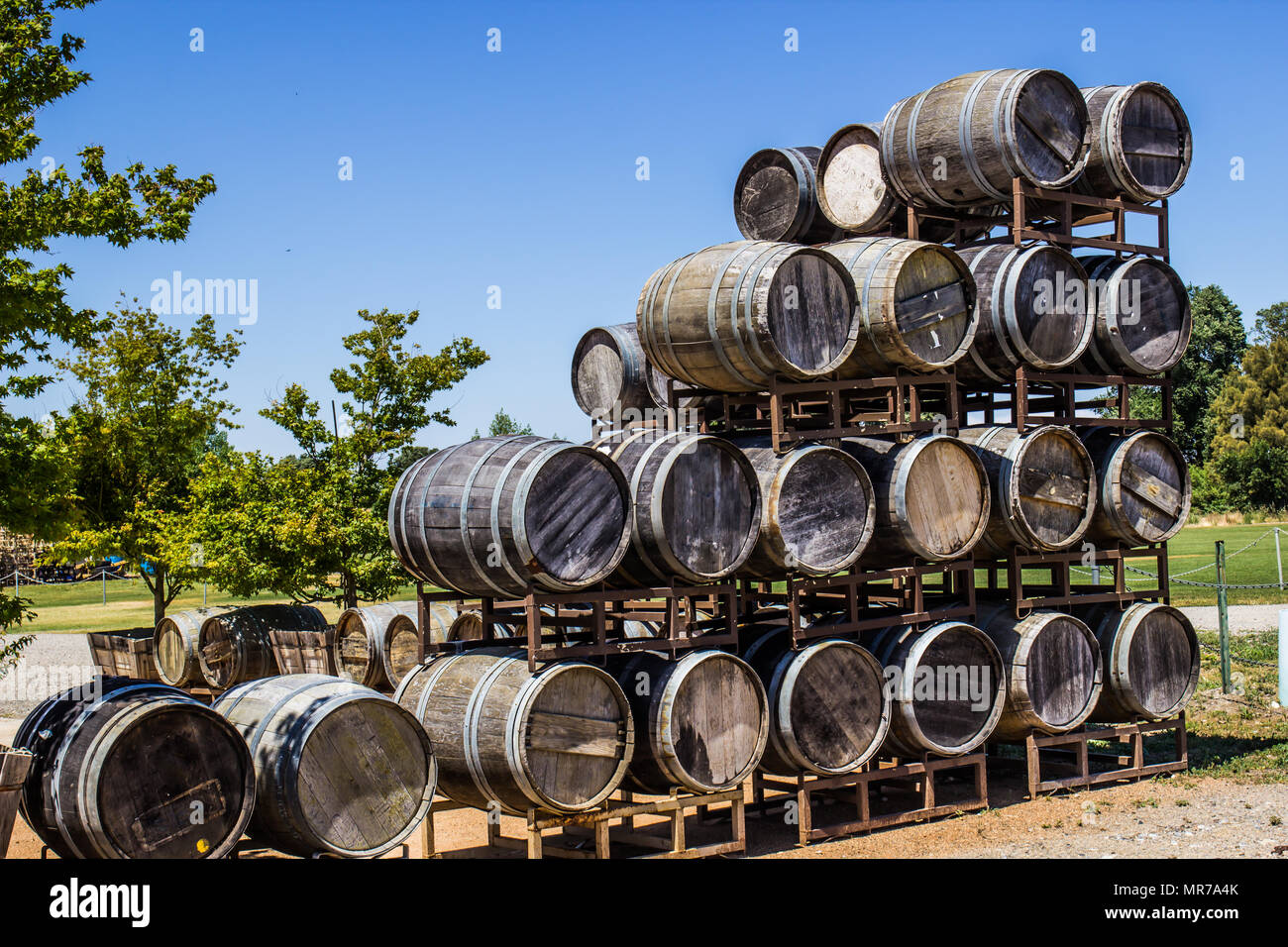 Vintage Wine Barrels Stacked At Winery Stock Photo Alamy