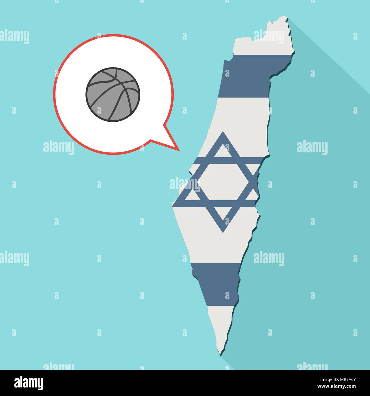 Illustration of a long shadow Israel map with its flag and a comic balloon with a basketball ball Stock Photo