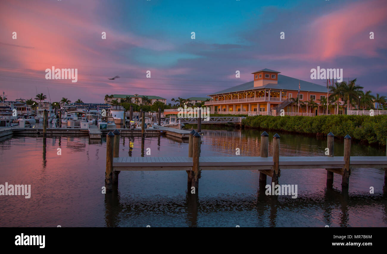 Dusk over Laishley Crab House on the Peace River waterfront in Punta Gorda Florida Stock Photo